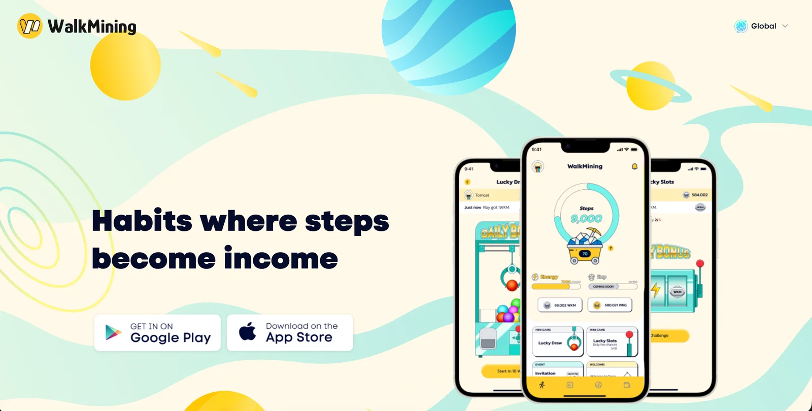walkmining.com landing page with the mobile app screens